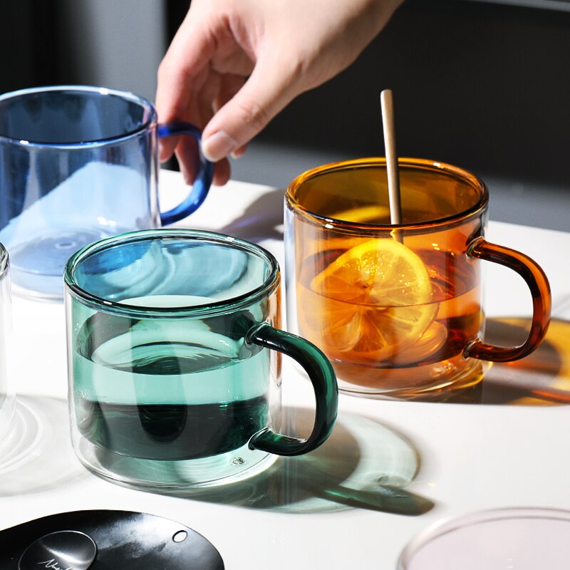 Multi-Color Double Bottom Glass Coffee Cup Milk Tea Heat Resistant Mug Drinkware Mugs For Home Office