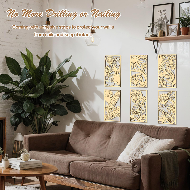 Decoración de pared artística hueca de madera 3D, planta de hoja de palma tallada en madera bohemia, adornos colgantes de pared, decoración Vintage para el hogar y la Oficina