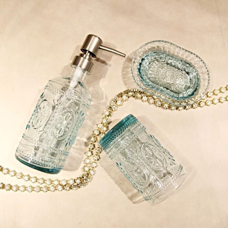 Blå glas bad flaske europæisk stil tryk fortynding shampoo vandflaske mund kop sæbe kasse
