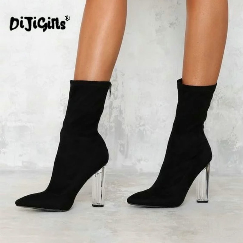 Botas de mujer Botines elásticos de Punta puntiaguda de tacón grueso zapatos de tacón alto botas de tacón transparente negras para mujer