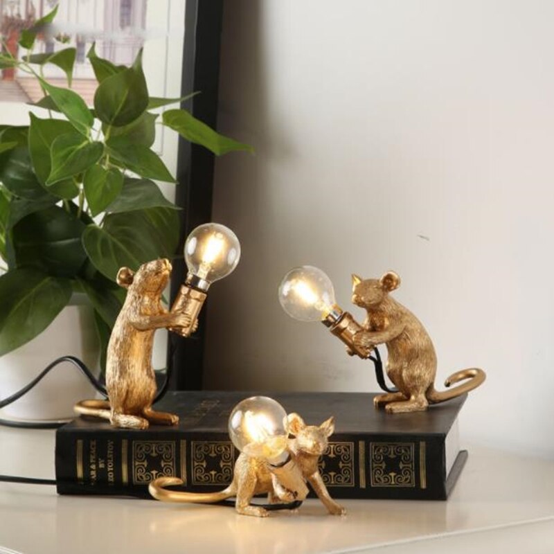 nordisch MODERNE LED TISCH LAMPE HADEMADE HARZ MAUS LAMPE NACHT NACHT LICHT SCHLAFZIMMER Dekor WEIß SCHWARZ Gold E12 STUDIE TISCH LAMPEN