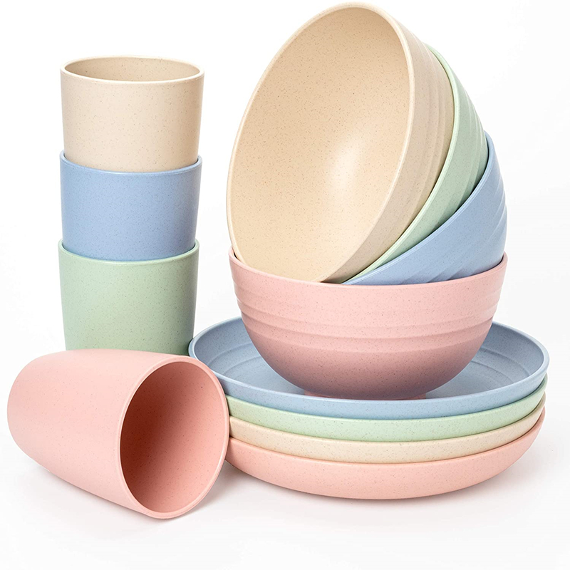 12pcs Wheat Straw Dinnerware Sets Bowl+Plate+Cup Tableware BPA Free Kids Dishes Baby Eating Dinnerware Set Unbreakable Bowls: Default Title