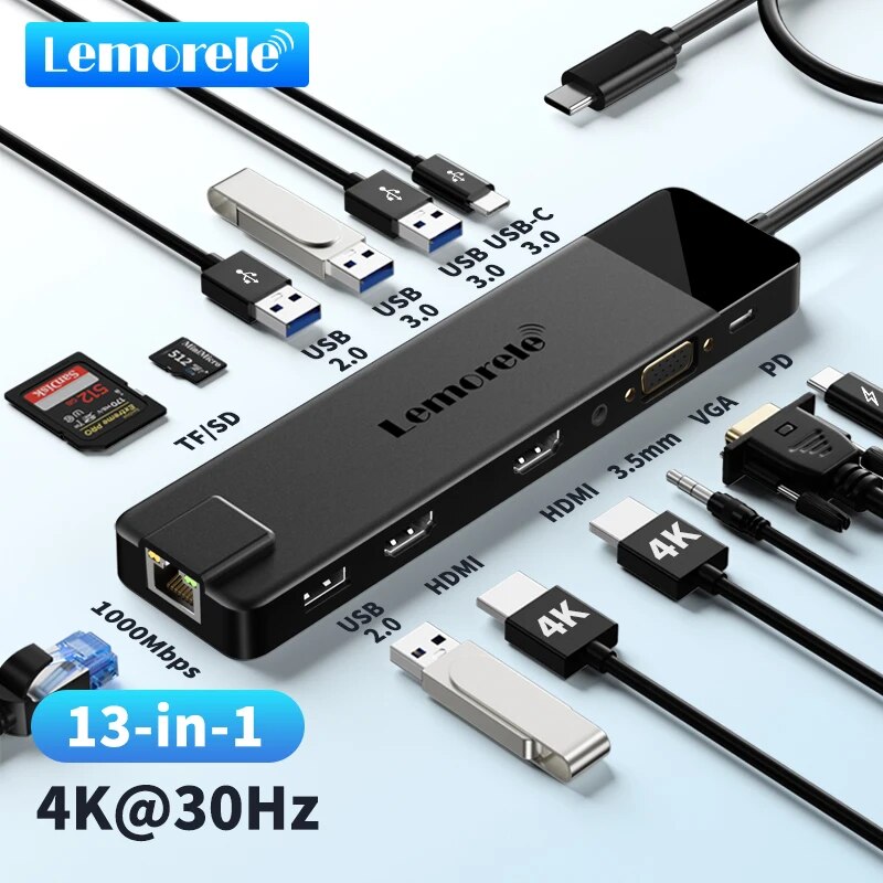 Koncentrator 4K USB USB C do podwójnej stacji dokującej HDMI VGA Gigabit Adapter USB 3.0 VGA Czytniki kart SD do laptopów z systemem Windows
