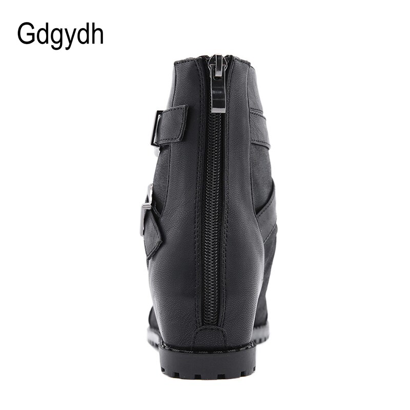 Gdgydh Frühjahr Herde Frauen Stiefeletten Offene spitze Zunehmende Fersen Weibliche Schuhe Metall Schnallen Zurück Reißverschluss Keile Damen Schuhe