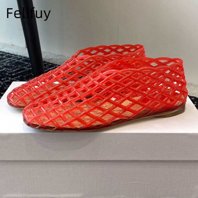 Zapatos de gelatina de malla roja, zapatos de playa con punta redonda hueca, cómodas sandalias transparentes de plástico, novedad de verano, zapatos de gelatinas planos tejidos