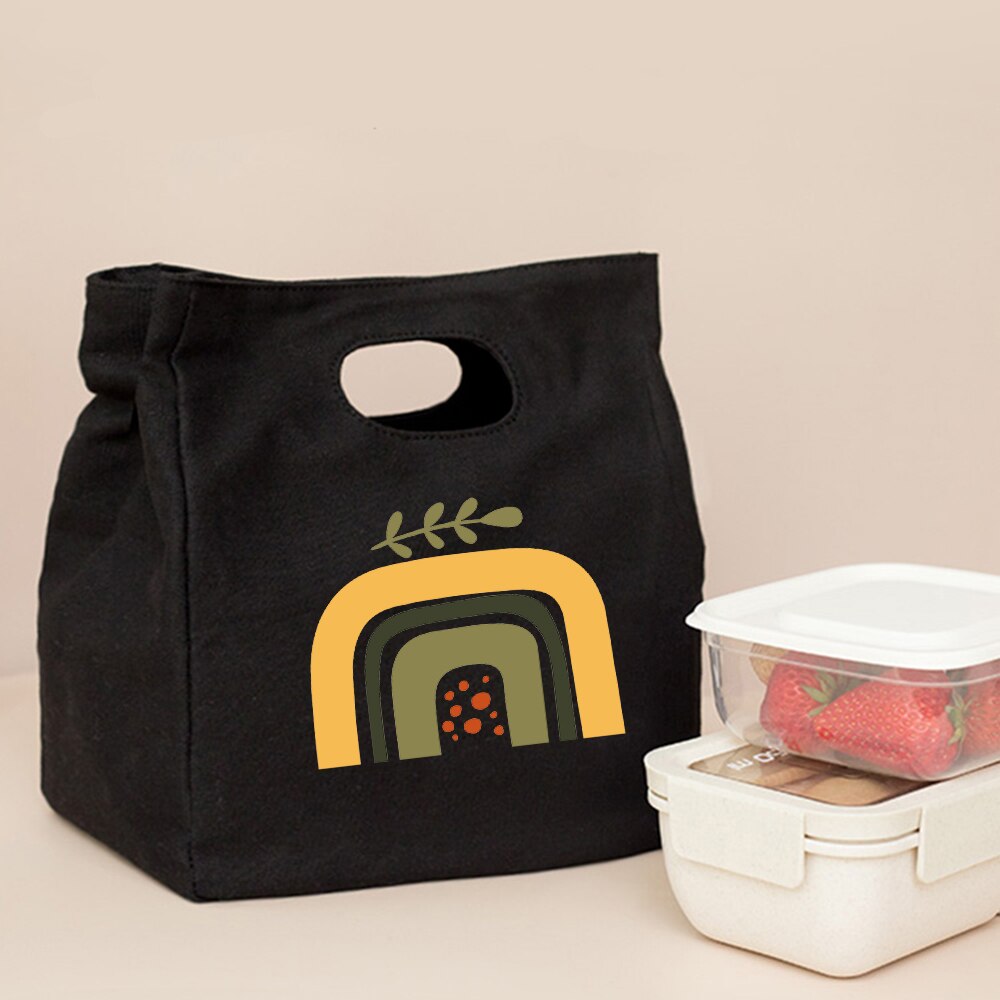 Śliczna modna tęcza drukuj czarne torby na Lunch na co dzień wielokrotnego użytku Eco termiczna torba składana torba podróżna o dużej pojemności Harajuku: Q00735-TBBK-C