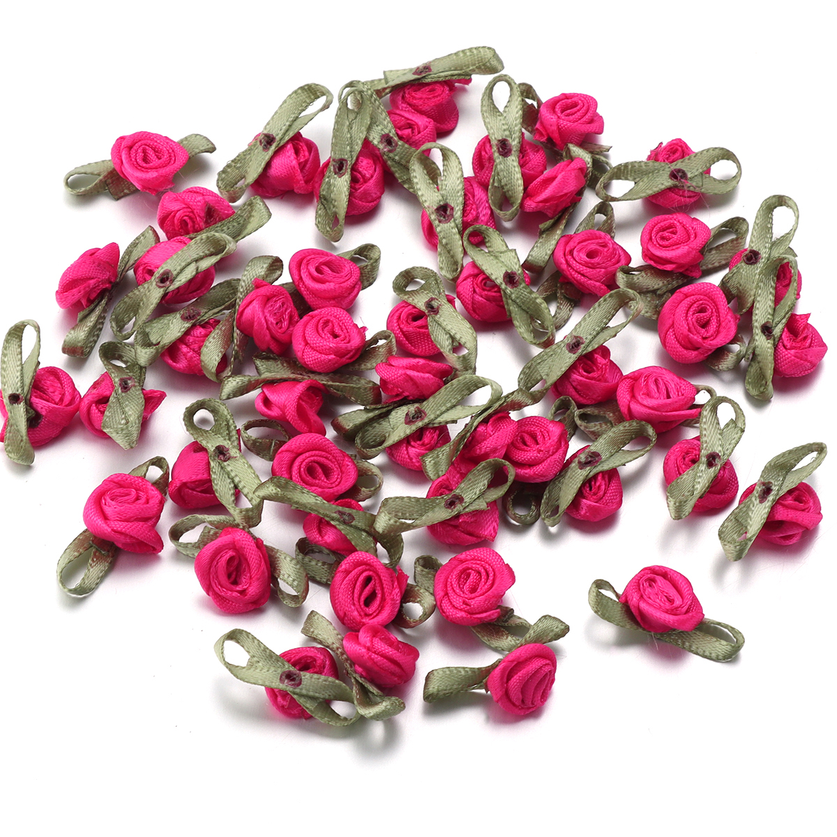 Cinta de satén para manualidades, 50 piezas, brotes de rosas de 1,5x2,5 cm, flores con hojas verdes para álbumes de recortes, sombreros, prendas de vestir, suministros de decoración de boda: Blanco sin níquel