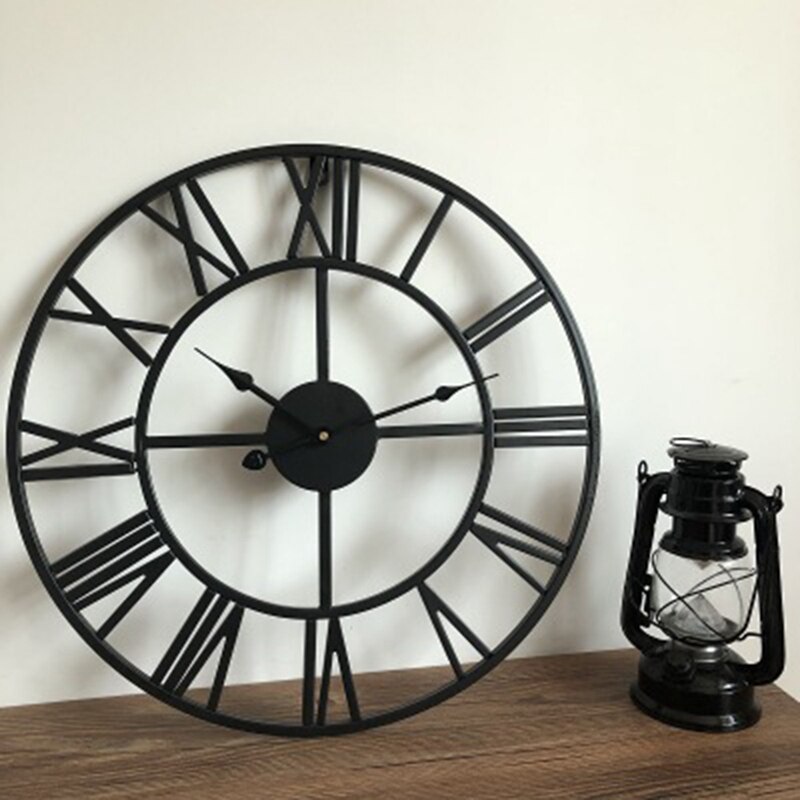 AT69 -Nordic Metal Roman Numeral Wall Clocks Retro Iron Art Black Gold Hanging Ornament Home Decoration Big Wall Clock Garden