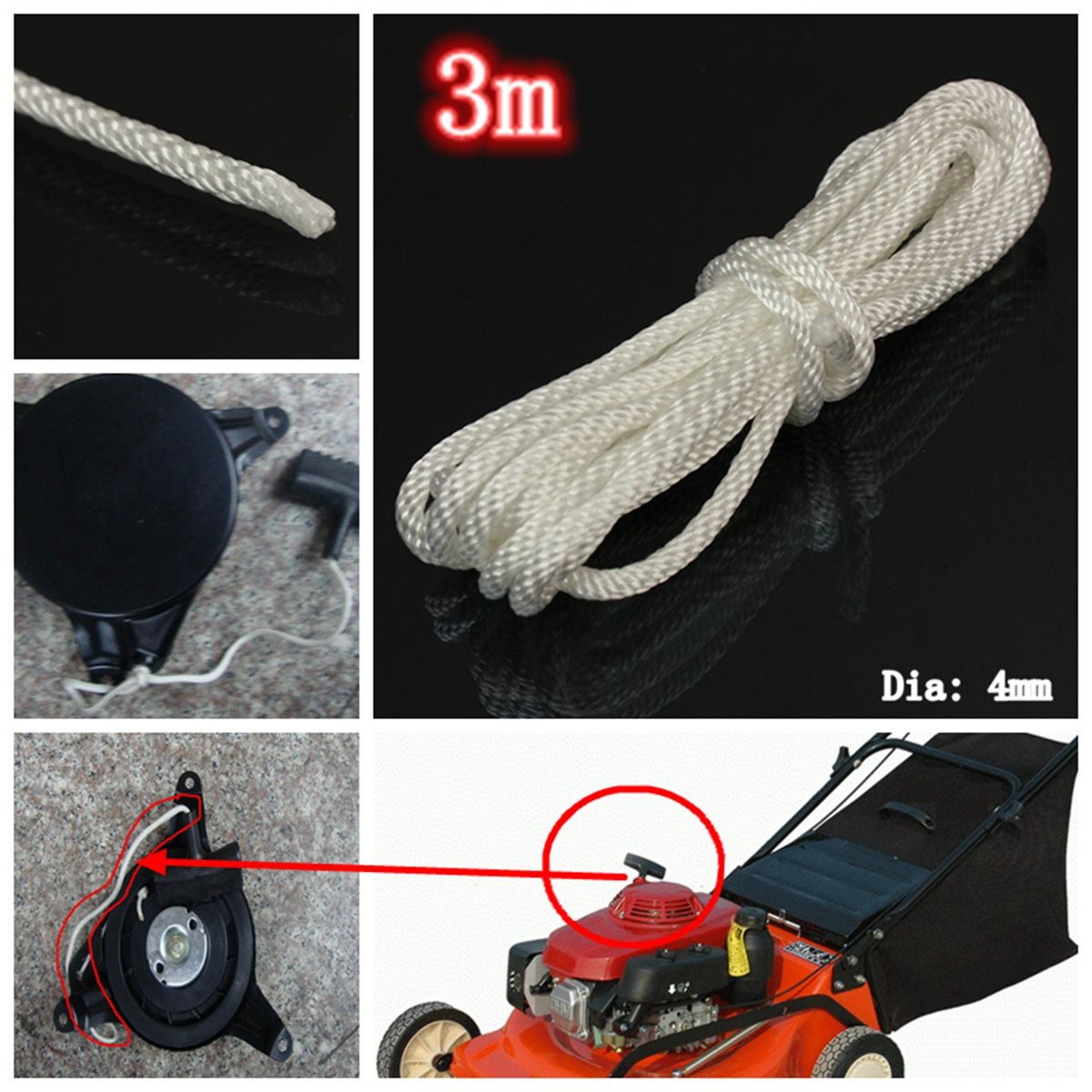 Heavy 4mm x 3m Nylon Pull Starter Recoil Start Cord Rope For Lawnmower