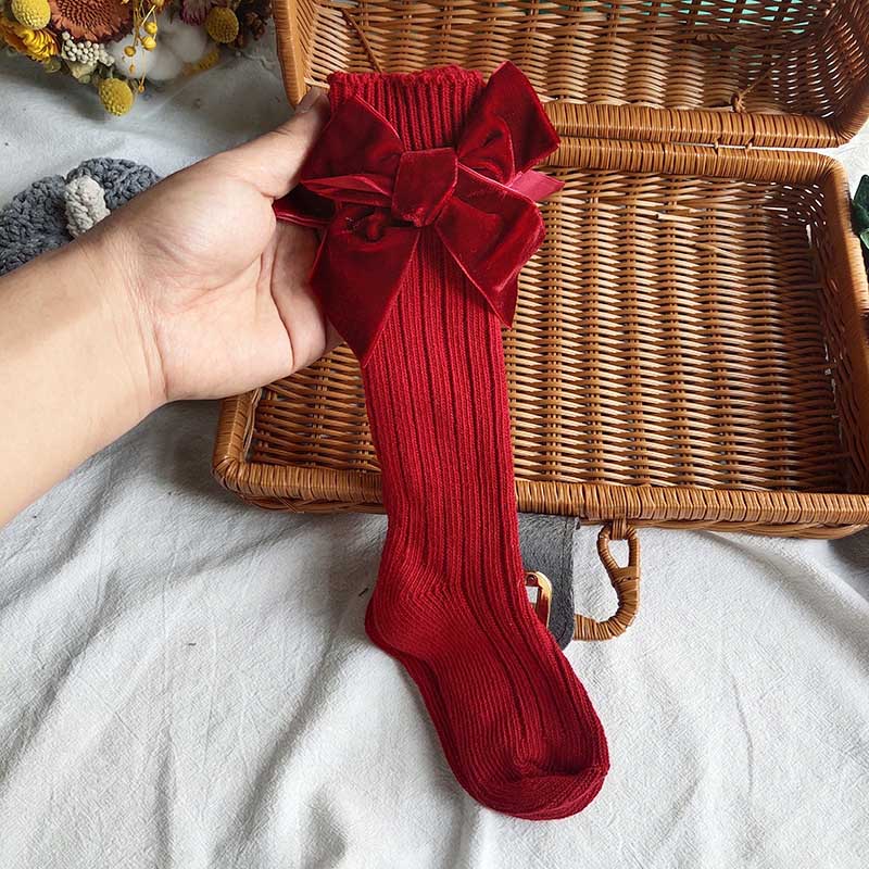 Calcetines de bebé de invierno con lazo grande, medias de Navidad rojas y verdes para niñas, suaves y cálidos hasta la rodilla, para niños: Red / 0-1Y