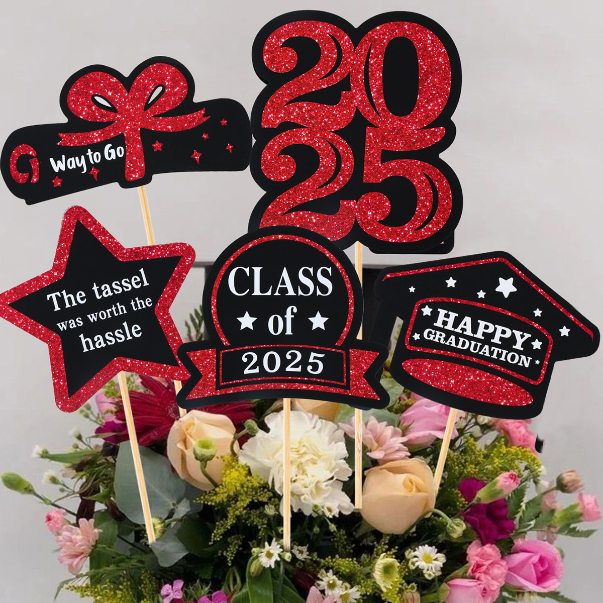 Graduation Decorations Paper Cupcake Toppers Class of Grad Centerpiece Sticks Graduation Party Table Topper Decoration