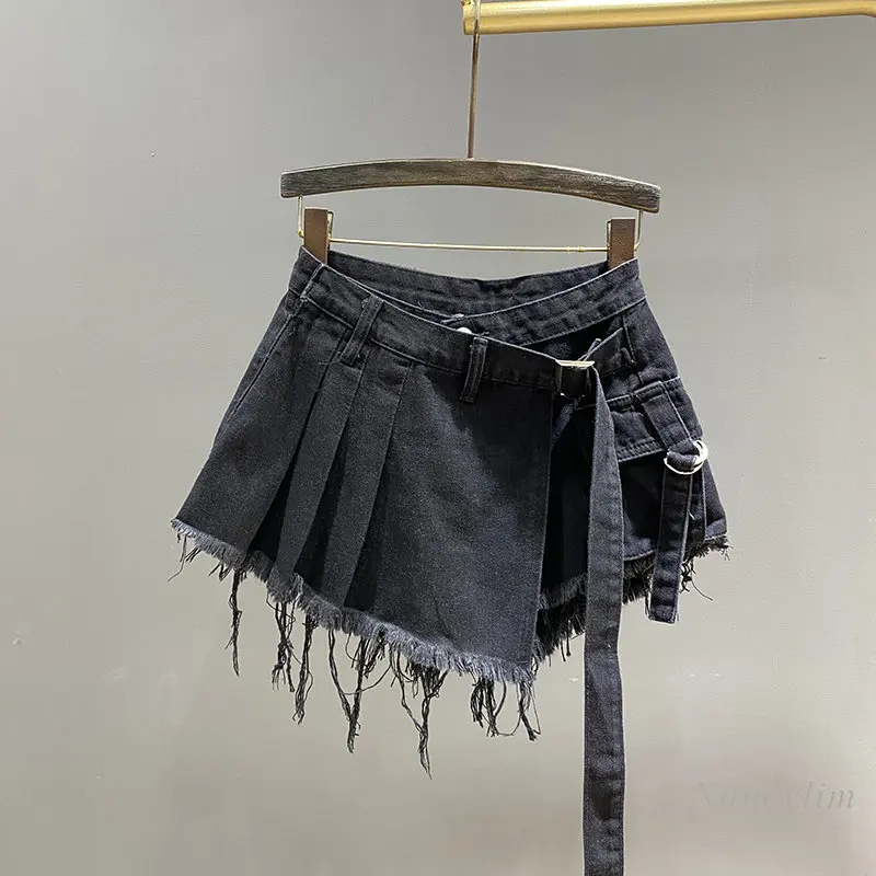 Uregelmæssig Pink Denim Nederdel Dame Sommer Høj Talje Slimming Falsk Todelt A-Line Arbejdstøj Kort Mini Nederdel