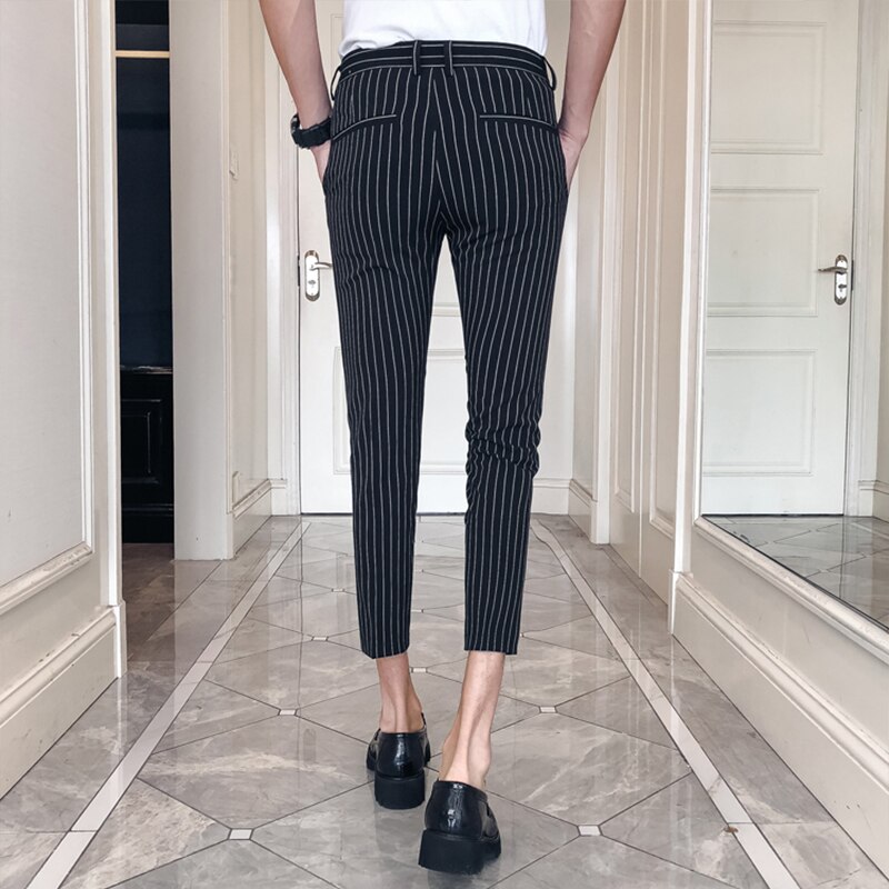Miesten vapaa-ajan housut raidalliset miehet ohuet housut nilkkapituiset puvut housut ohut mekko miesten vaatteet pantalon homme