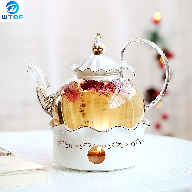 Théière en céramique avec crépine Vintage porcelaine britannique théière et ensemble de tasses bougie chauffage verre tasses à café décoration de la maison: A