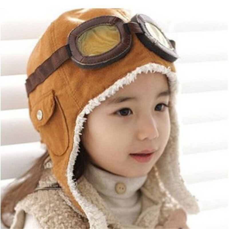 Vinter varm baby toddler drenge piger børn pilot flyver hatte unisex justerbar ensfarvet cap hat beanie brun sort: Khaki