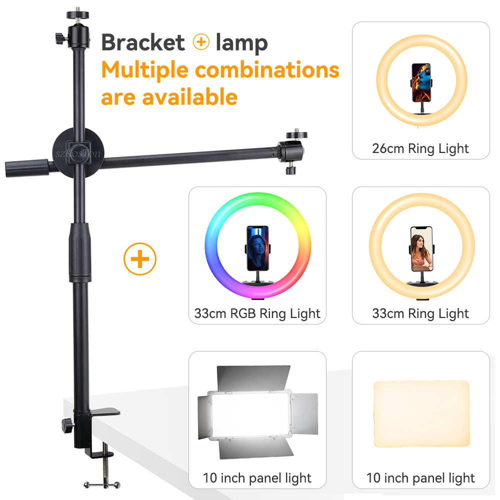Multifunction Lift Desk Clamp Mount Stand LED Ring Light DSLR Camera Mobile Phone Table Bracket Overhead Shooting Video Studio