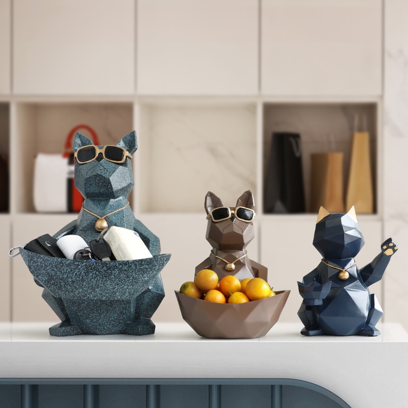 Figuritas de resina para perros y gatos, artesanía moderna, animales en miniatura, bonitos adornos para el hogar, decoración de oficina, cuenco de almacenamiento tallado coleccionable