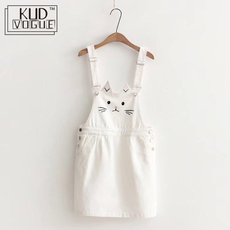 Women Strap Skirt Kawaii Cute Cat Ear Embroidery Suspender Skirt Mini Skirts Japanese Style Mori Girl Lolita 8446