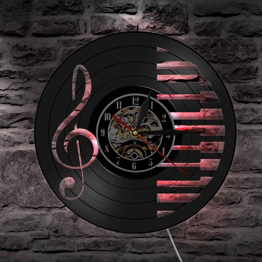 Music Notes Vinyl Record Wall Clock Piano Party Wall Art Decor Clocks Watch Treble Clef Symbols Musical Silhouette Home Wall Art