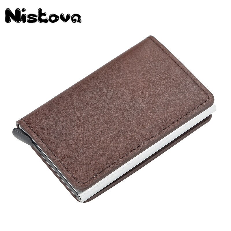 Nistova PU Leather Automatic Pop-up Business Card Card Holder RFID Vintage Aluminium Box Metal Crazy Horse Wallet Steel Wallet