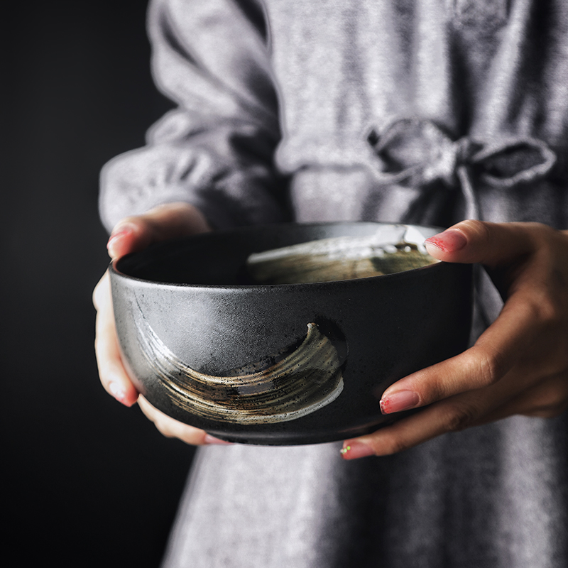 Kinglang enkelt japansk restaurantskål svart matt keramisk nudelskål servise rund ris stor bolle