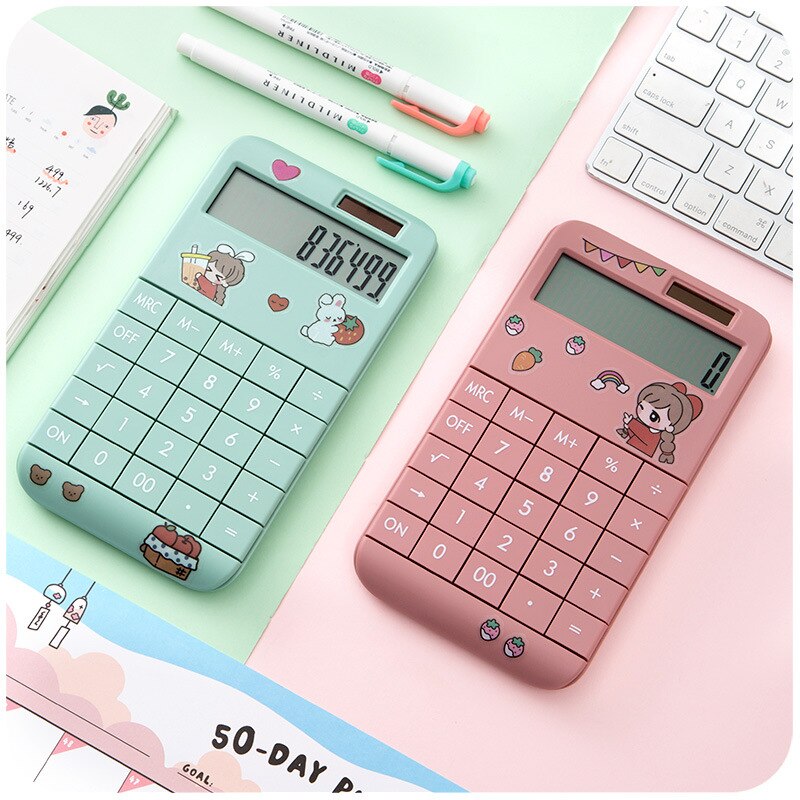 Cute Cartoon Calculator Student Portable Calculator Small Solar Financial Cashier Girl 12-bit Computer Dual Power System