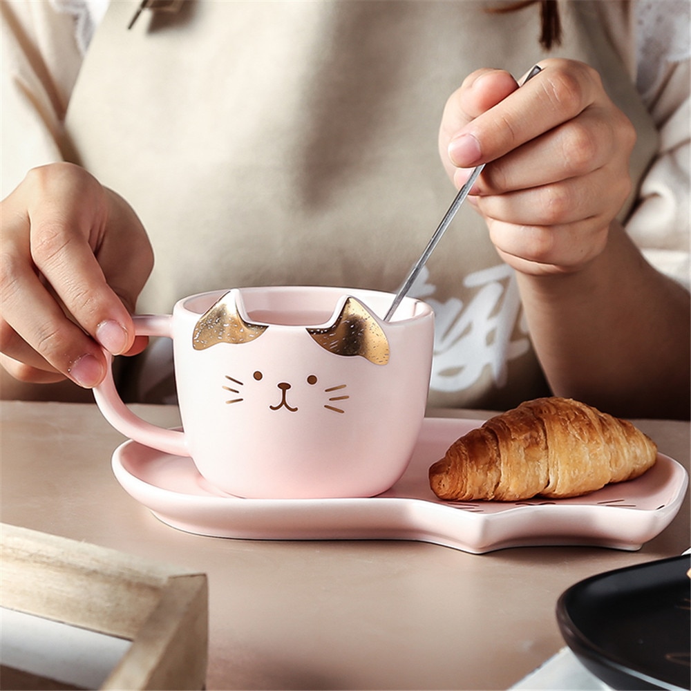 Set de tazas de café de cerámica de gato de dibujos animados té taza y platillo cuchara desayuno taza para café o leche pan plato de postre de pareja