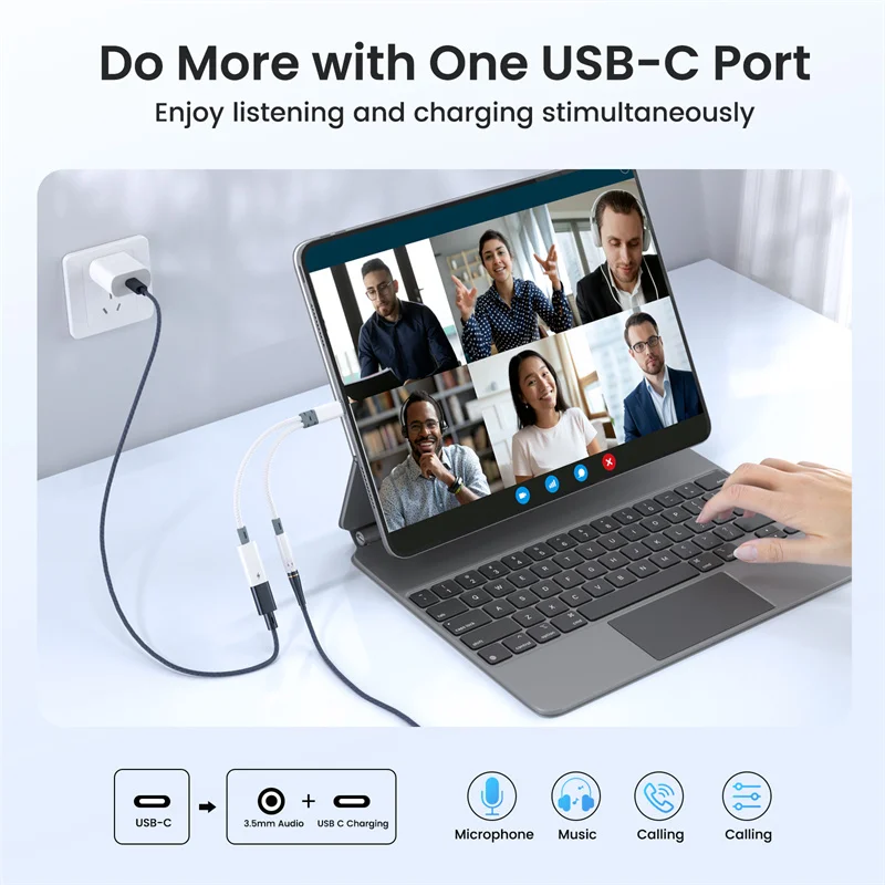 Divisor USB C 2 en 1, PD 60W tipo C a conector de 3,5mm, adaptador de Audio auxiliar para auriculares, cargador rápido tipo C, DAC de 32 bits para iPhone 15 16