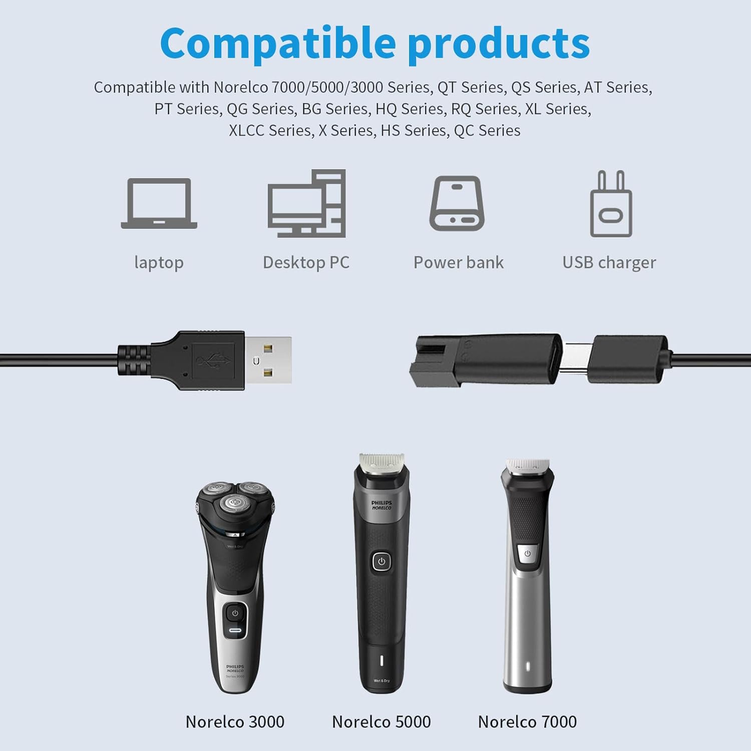 Electric Shaver Power Cord 5V USB Replacement Charger Cable for Electric Hair Clippers, Beard Trimmers, Shavers, Beauty Instrume