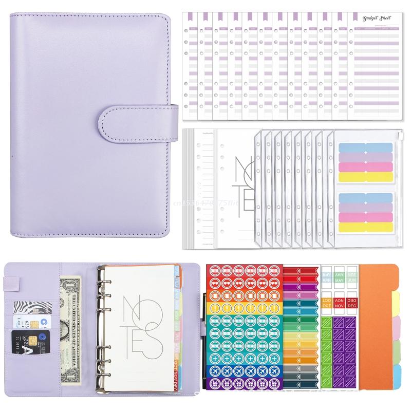 Reusable Leather Binder Set with Binder Pockets Budget Sheets Index Labels Stickers Page Dividers Binder Planner Notepad H3CA: Purple
