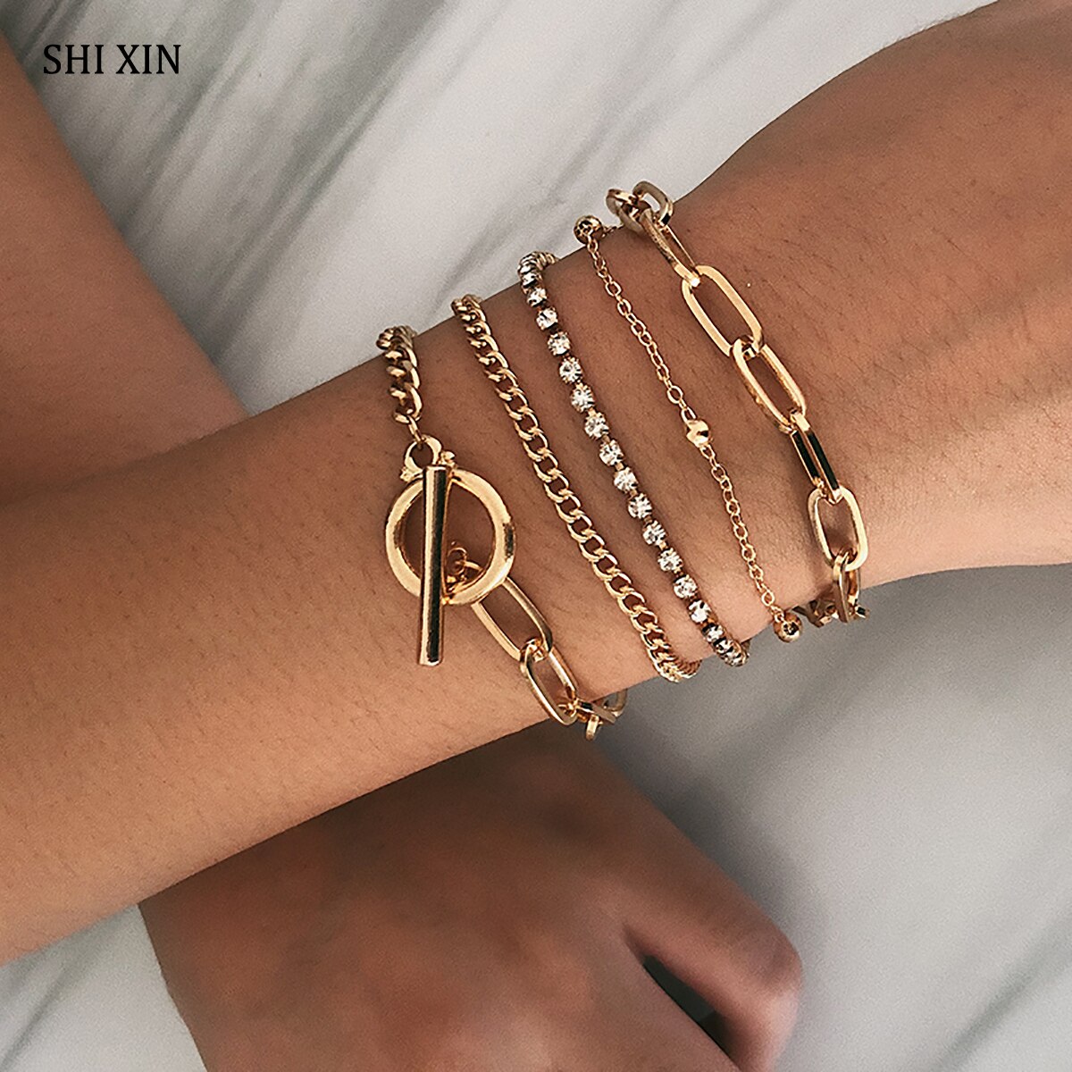 SHIXIN Hip Hop Multi Layered Crystal Bracelets for Women/Girls Punk Chunky Chain Bracelet Female Hand Chain Jewelry