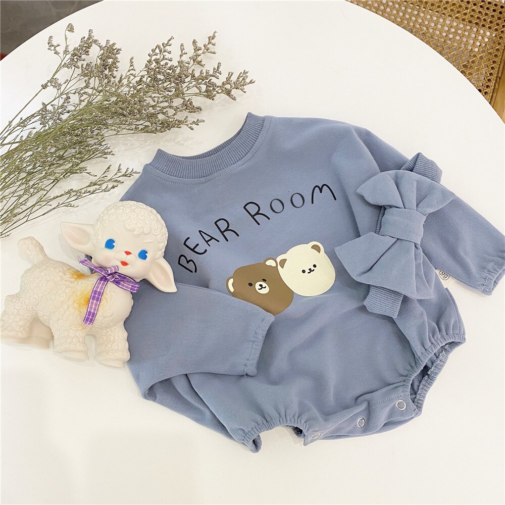 Milancel Baby Kleding Schattige Beer Patroon Baby Jongens Bodysuit Lange Mouwen Peuter Meisjes Jumpsuit Baby Hoofdband: blue / 12m