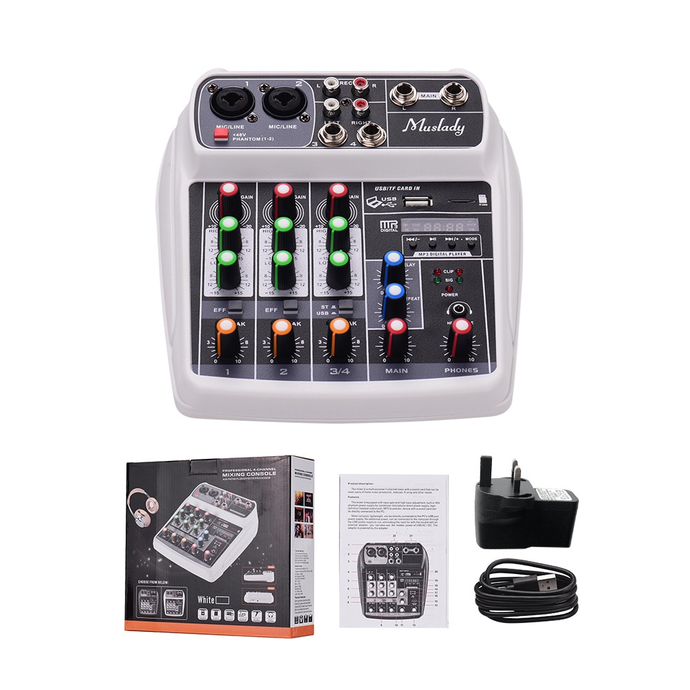 Mixing Console Digital Audio Mixer 4-Channel BT MP3 USB Input 48V Phantom Power for Recording DJ Network Live Broadcast Karaoke: White UK PLUG