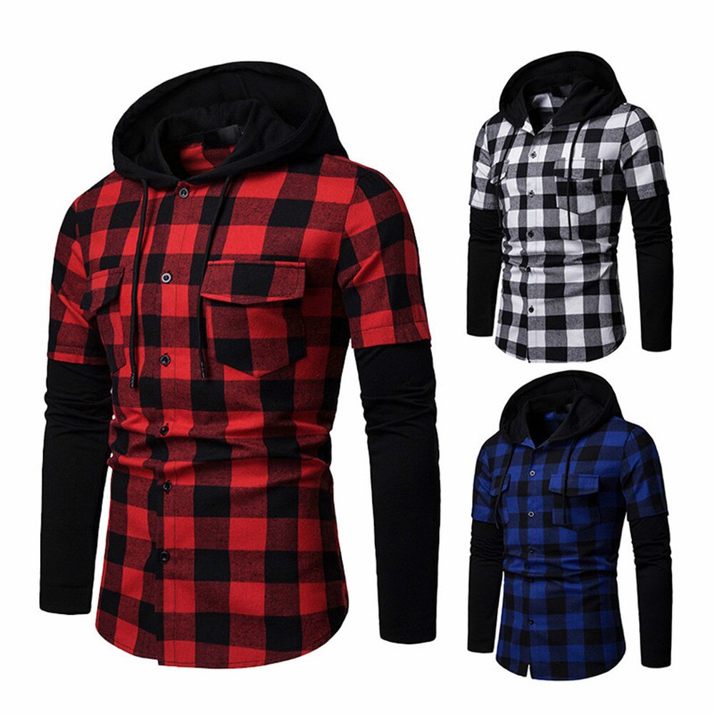 Mænds casual slim fit skjorte plaid hætte med to lommer langærmet top skovhugger ternet skjorte jack tøj 205 #39