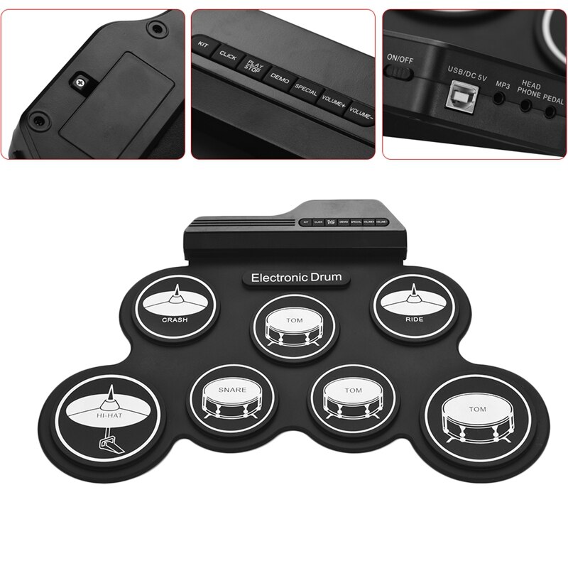-kompakt storlek usb roll-up silikon trumset digitalt elektroniskt trumset 7 trumkuddar med trumsticks fotpedaler för början