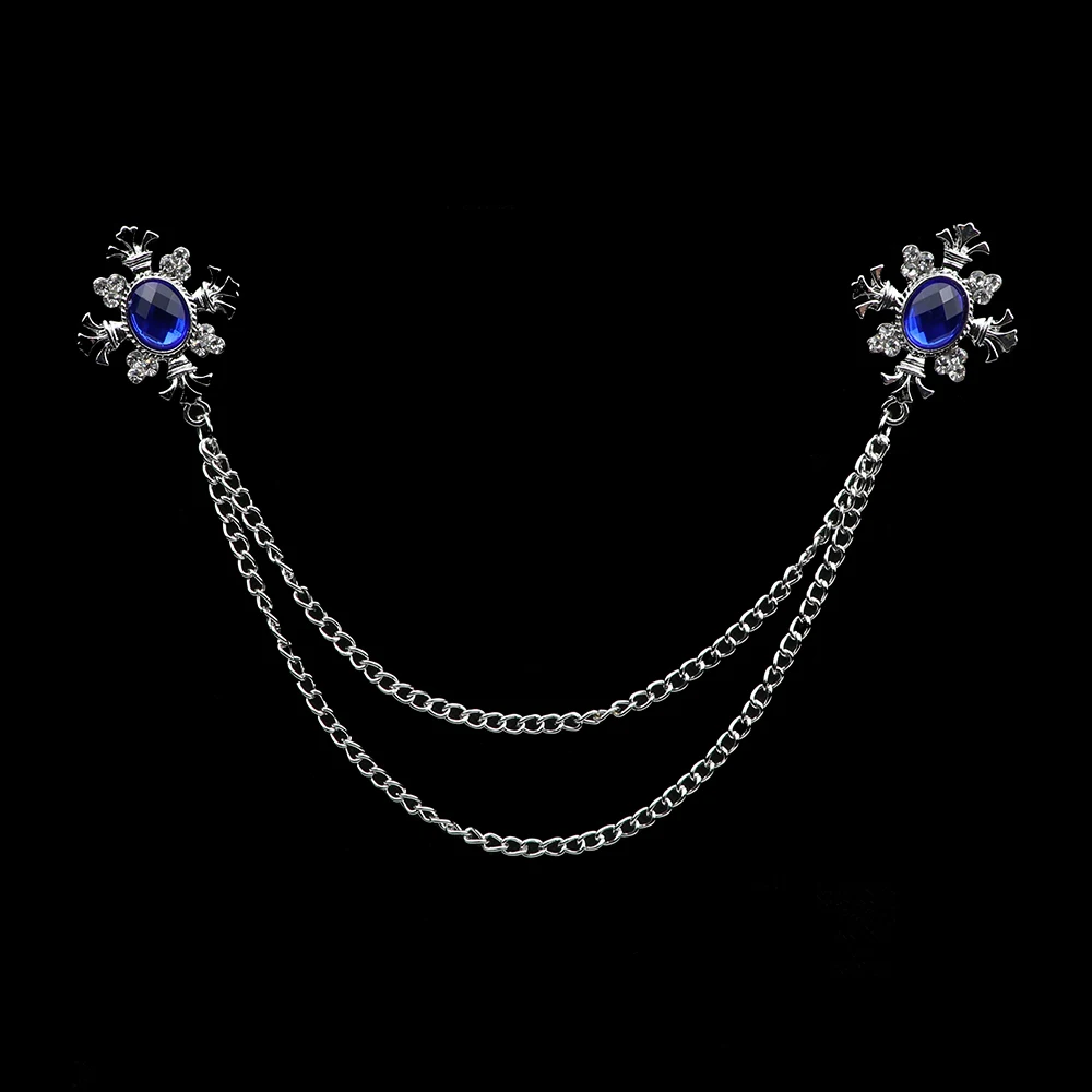 Broche de borla de caballero a la para hombre, traje, camisa, cuello, cadena cruzada de cristal, Pin de solapa, accesorios de boda Retro con diamantes de imitación: Rodio plateado