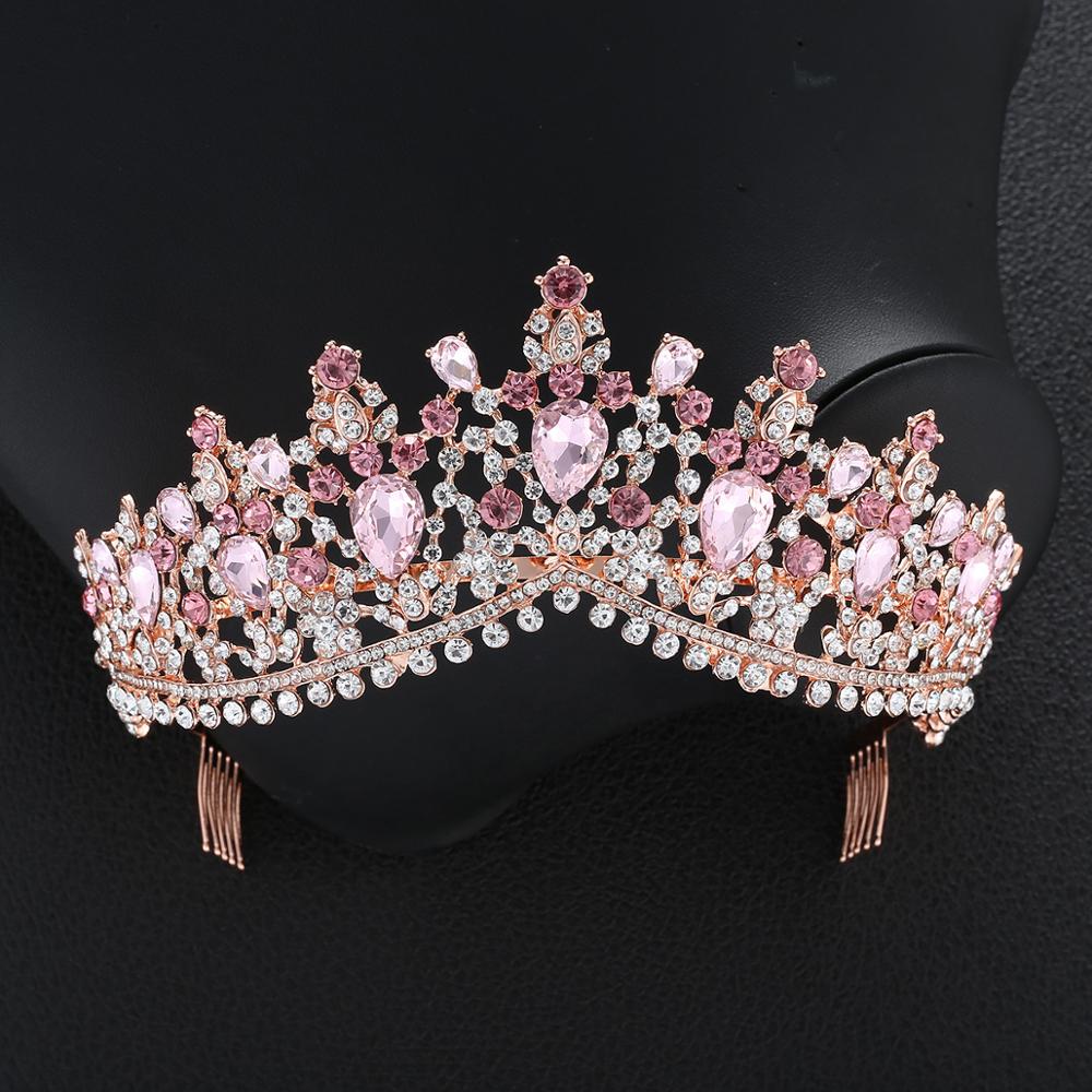 Luxe gouden rode strass bruids tiara's kroon vintage barok kristal diadeem voor bruiden hoofdbanden bruiloft haaraccessoires: Roze met kam