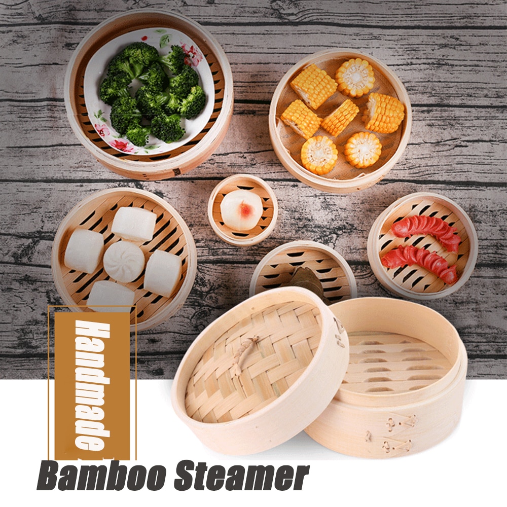 10/15/18/20/25.5cm 2 niveauer naturlig bambusbur dumpling damperkurv med låg bao bolle dampkogere køkken madlavningsredskaber