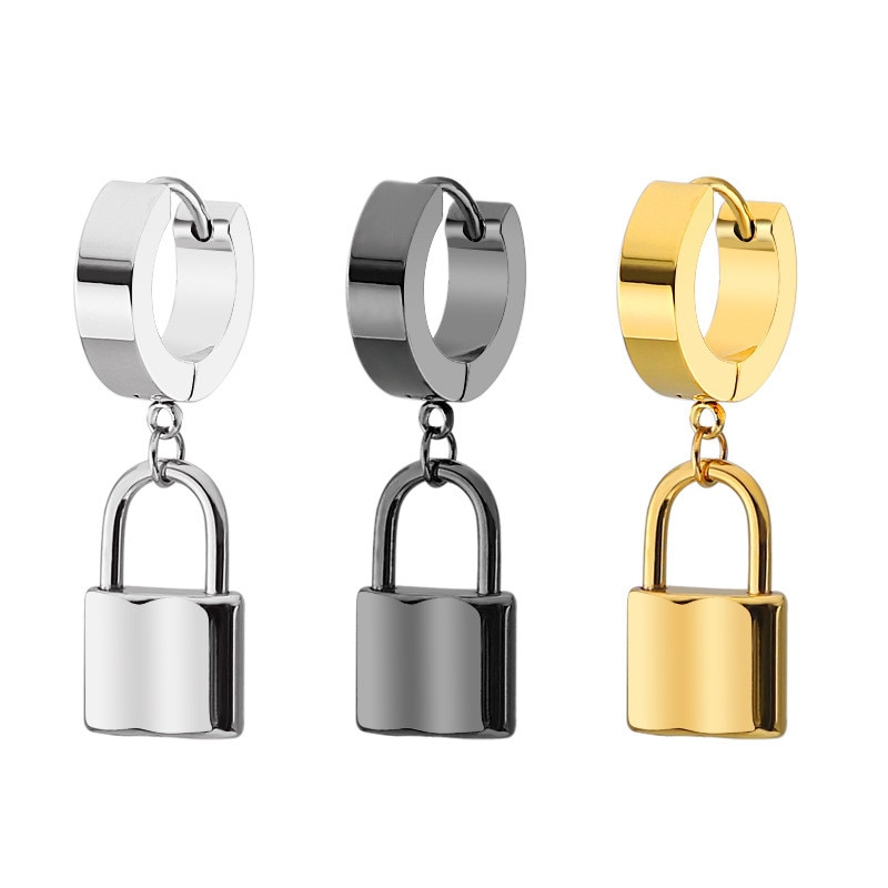 lock Shaped Stainless steel Stud Earrings For Women Punk Hip Hop Style Ear Jewelry Party 1 pair