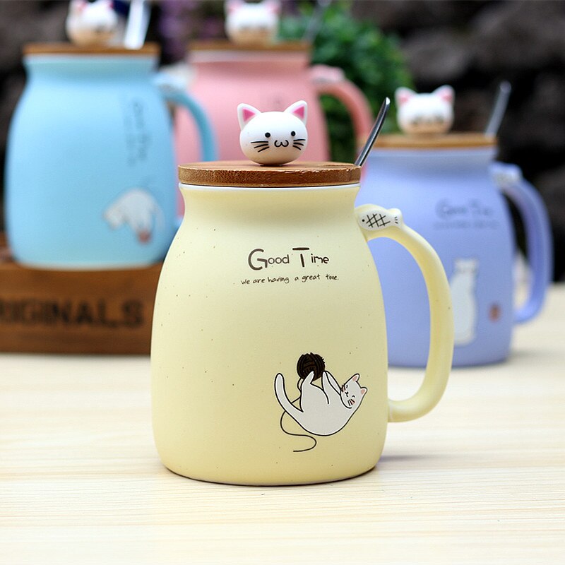Joylove 450ml tegneserie keramik kat krus med låg og ske kaffe mælk te krus morgenmad kop drinkware nyhed