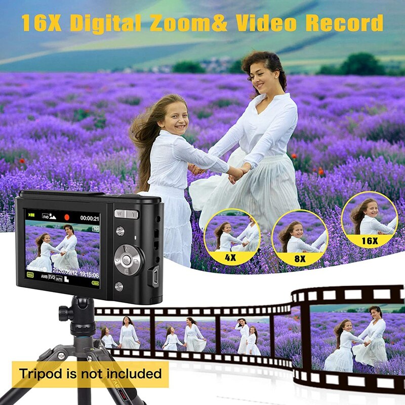 Appareil photo numérique 1080P 36.0 mégapixels avec Zoom numérique 16X, écran LCD, Mini appareils photo portables pour étudiants adolescents