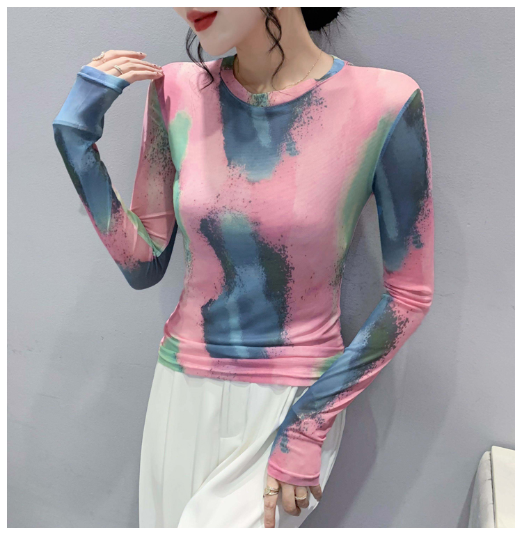 Størrelse s -3xl dame o-hals myke t-skjorter med lange ermer dame elastiske trykte nettingtopper t-skjorter dame t-skjorte