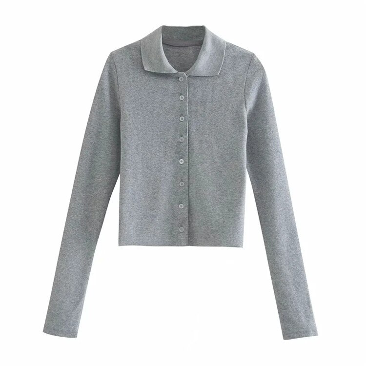Polo liso de manga larga para mujer, camiseta ajustada acanalada de algodón, con botones, para chica, gris, negro y blanco: 1 / M