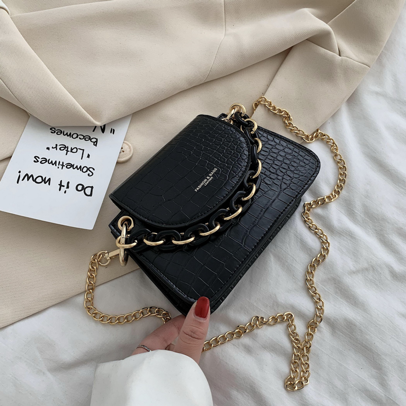 Stone pattern Mini Tote bag Summer PU Leather Women's Handbag Chain Shoulder Messenger Bag: 13 CM Black