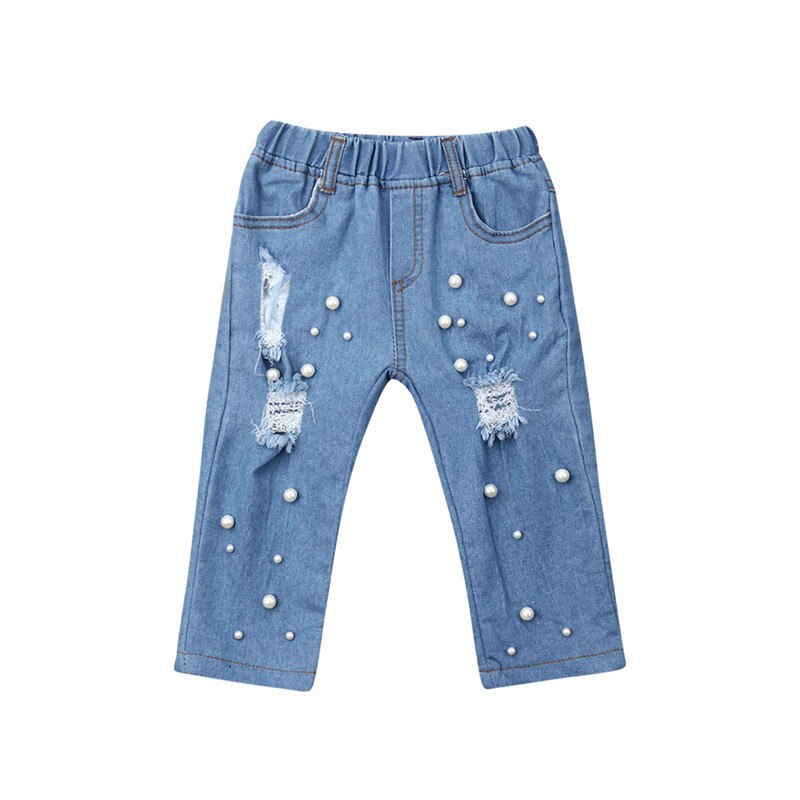 Meninas doces Do Bebê Contas Buraco Caber Jeans Verão Casual Desfiado Buraco Calça Jeans buraco azul Denim Calças Casuais ElasticTrousers: 3T