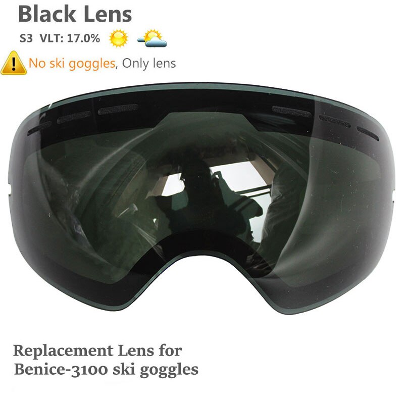 Benice double Layers UV anti-fog lens Men ski goggles big spherical skiing snowboarding snow glasses Eyewear 3100 Set case: Black Lens Only