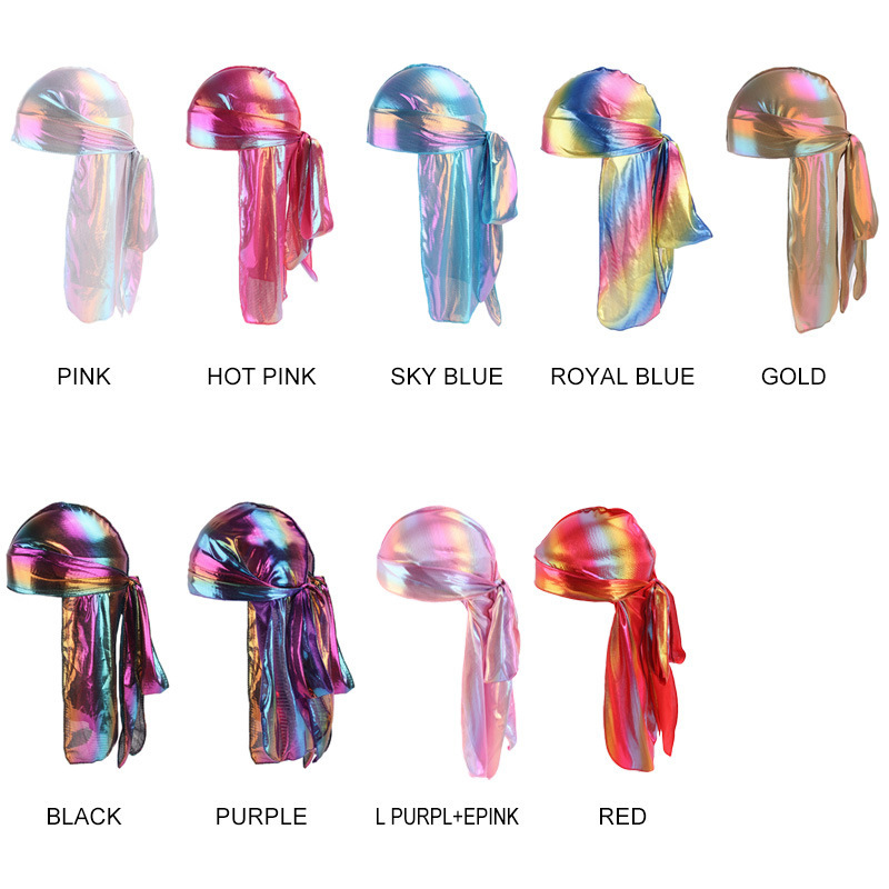 Durag Do Doo Du chiffon, casquette de randonnée respirante, Bandana en soie scintillante, couvre-chef à longue queue pour hommes et femmes, chapeau de Pirate Hip Hop