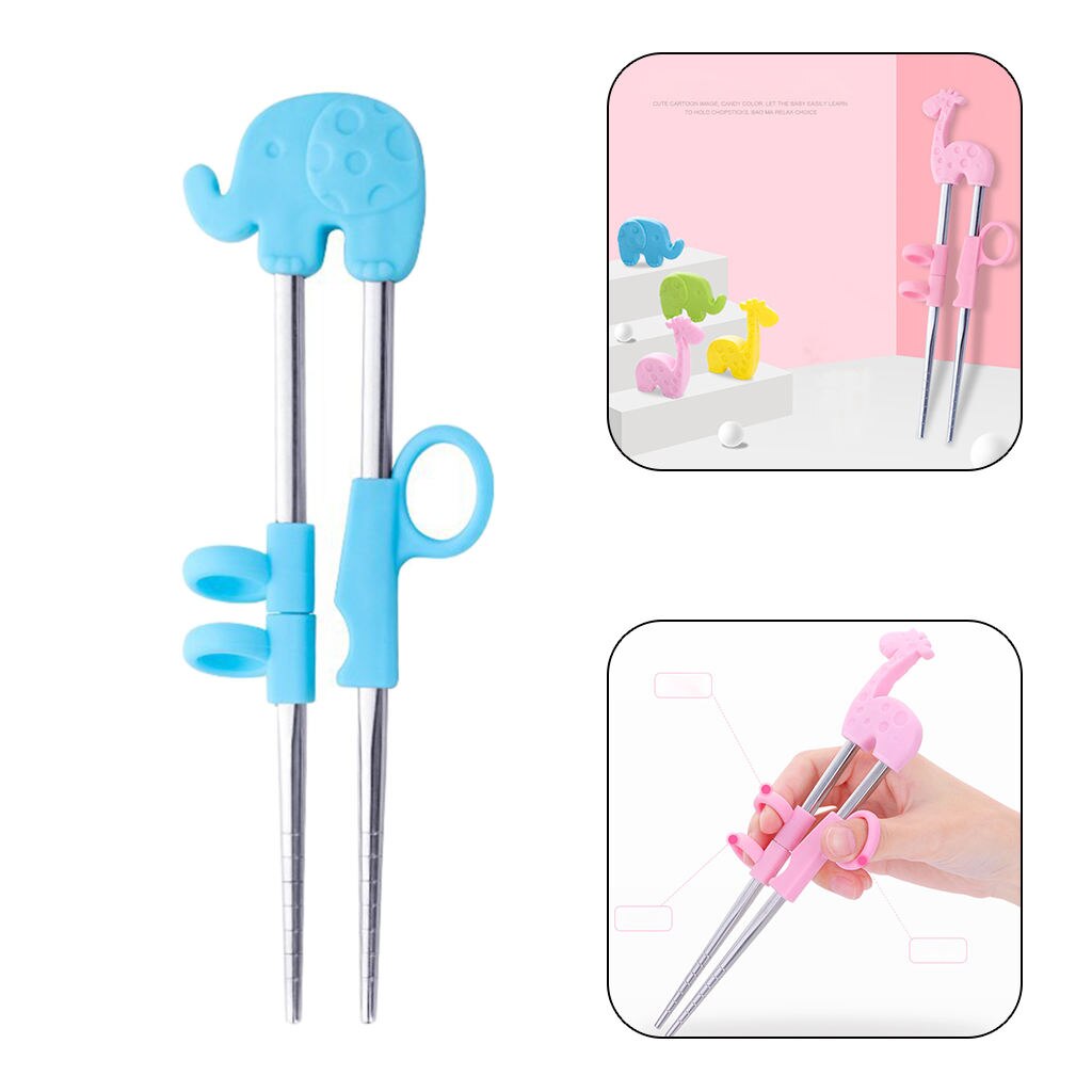 1Pair Stainless Steel Chopsticks For Kids Cartoon Learning Chop Sticks Reusable Training Chopsticks Cute Children Tableware Set: A Blue Elephant