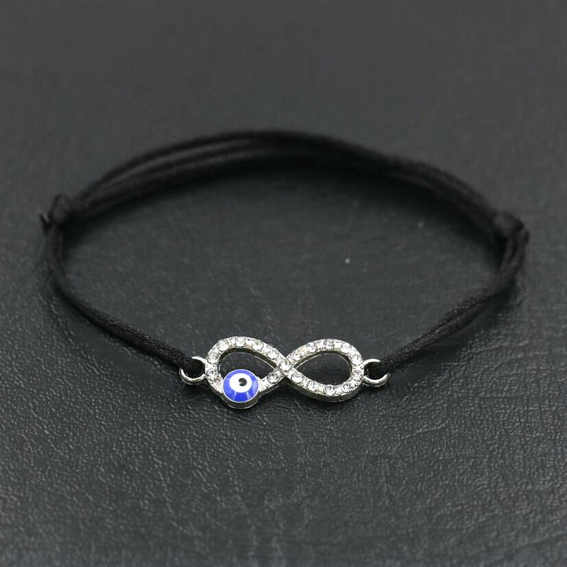 Pulsera con abalorios de circonia cúbica Infinity 8 para hombre y niña, cuerda de hilo de cuerda roja, pulseras para parejas, para niños y mujeres: 8 eye black silver