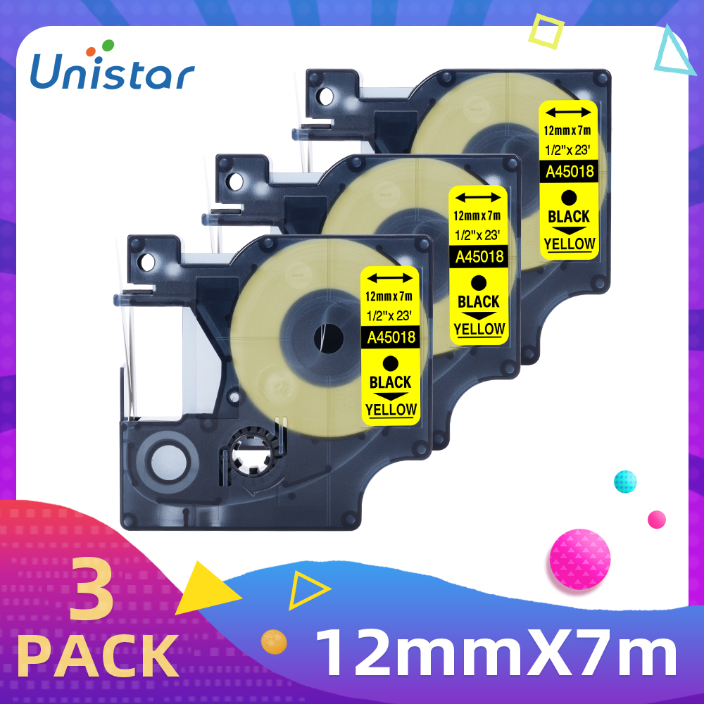 Unistar 10Pack A45018 czarny na żółtych taśmach kompatybilny z drukarka etykiet DYMO LabelManager 210D do wkładu D1 taśma z etykietami A43618: Black on Yellow 3P / 6mm